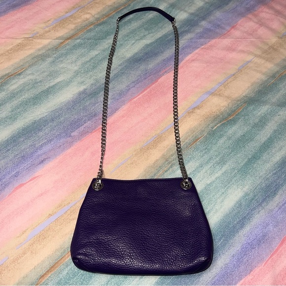 Michael Kors Tote Shoulder Bag Purple Leather Silver Tone Chain Logo MK Small - Picture 4 of 9